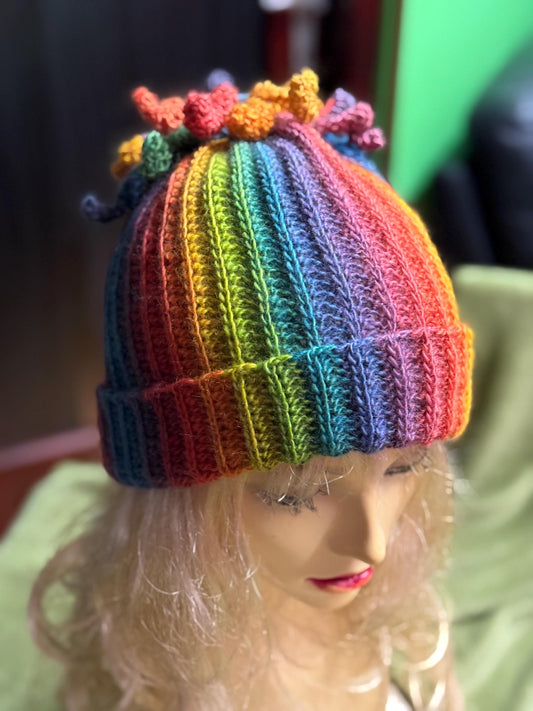 Crochet Rainbow Hat, Colorful Winter Beanie, Unique Spiral Pom Pom Hat, Handmade Gift for Her, Vibrant Boho Winter Accessory, Wool Knit hat