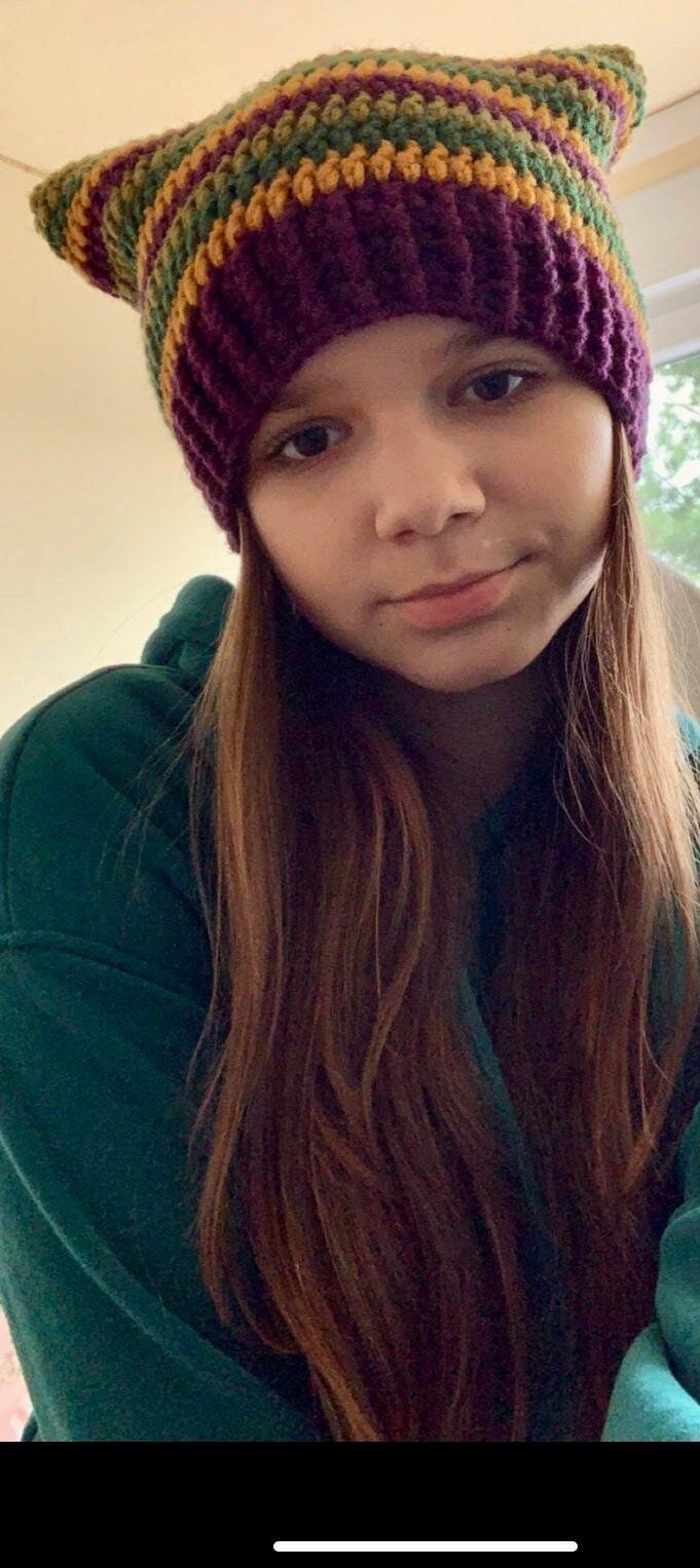 Crochet Asexual Pride Cat Ear Beanie: Wool Blend Hat