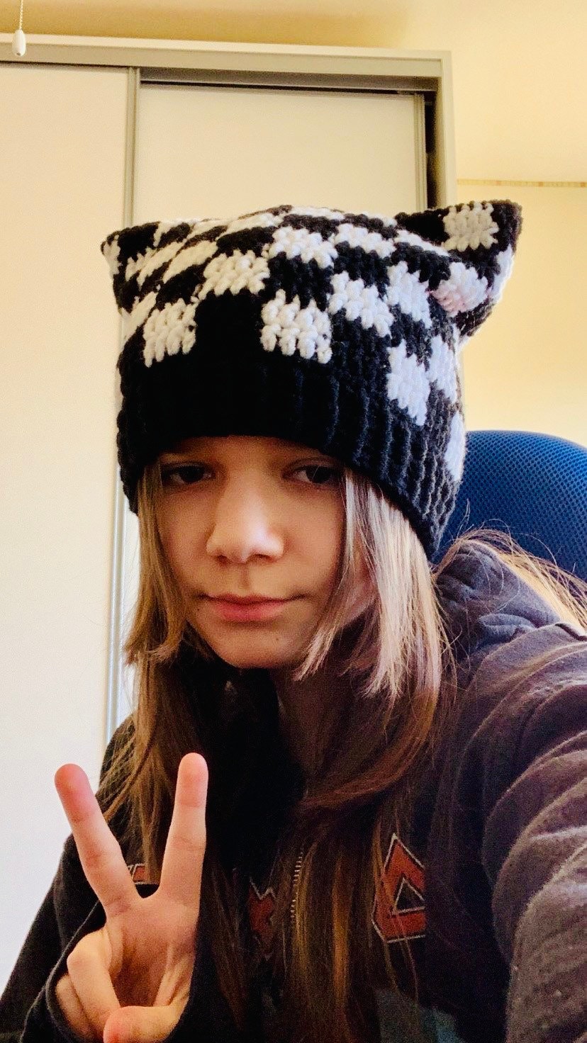 Cat checkered beanie, cat ear beanie, Cat ear checkered beanie, crocheted black&white hat, chessboard, chess beanie, handmade gift
