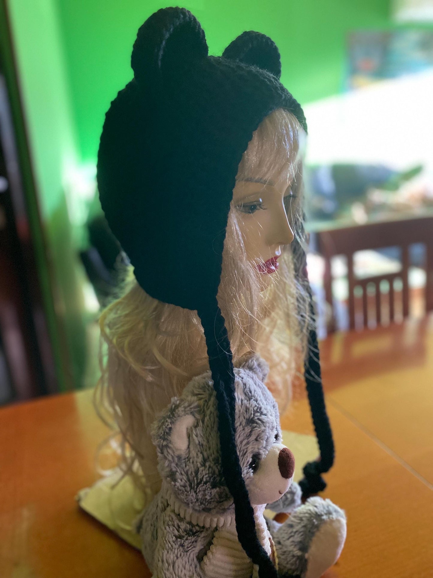 Handmade Black Bear Ear Bonnet with Ties, Crochet Animal Ear Beanie, Gothic Aesthetic Winter Hat, Cute Bear Ear Hood with Tassels, Coquette