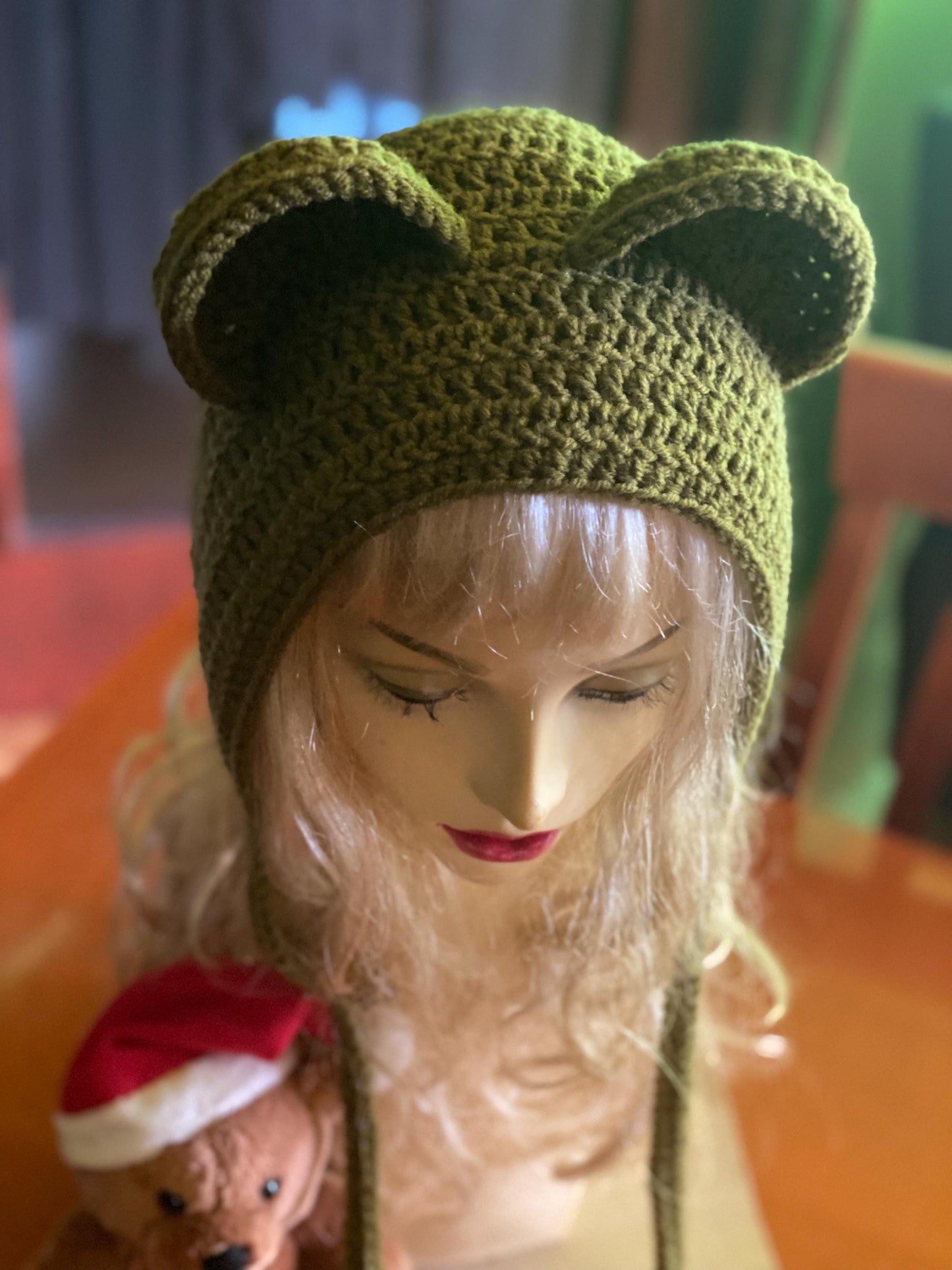 Handmade Bear Ear Bonnet with Ties, Crochet Animal Ear Beanie, Gothic Aesthetic Winter Hat, Cute Bear Ear Hood with Tassels, Coquette