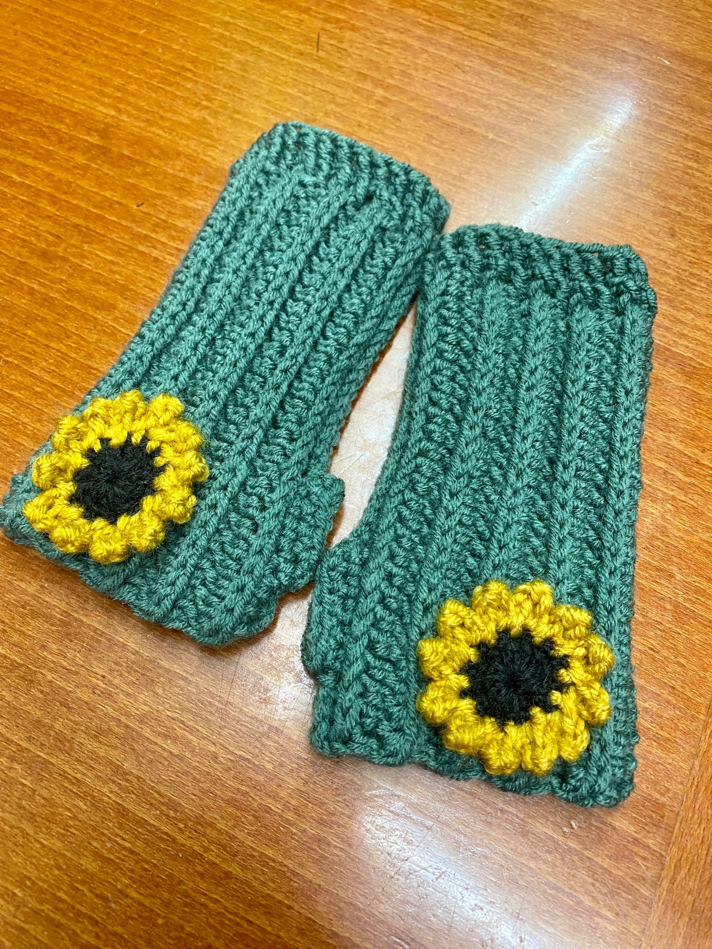 Crochet Sunflower Hand Warmers: Blue-Green Wool Blend Gloves