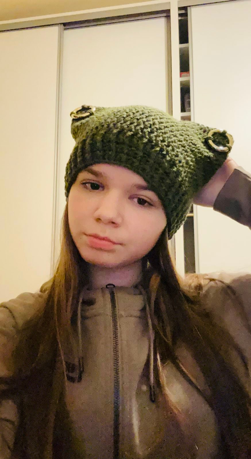 Crochet Cat Ear Beanie with Rings - Handmade Wool Blend