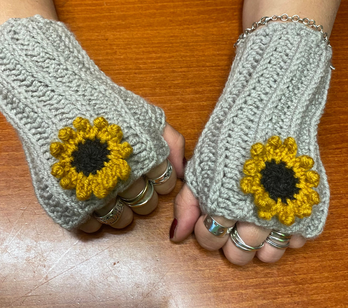Crochet Sunflower Fingerless Gloves: Wool Blend Hand Warmers