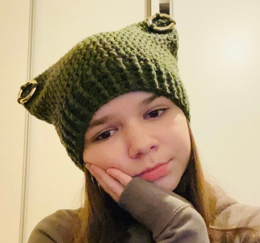 Crochet Cat Ear Beanie with Rings - Handmade Wool Blend