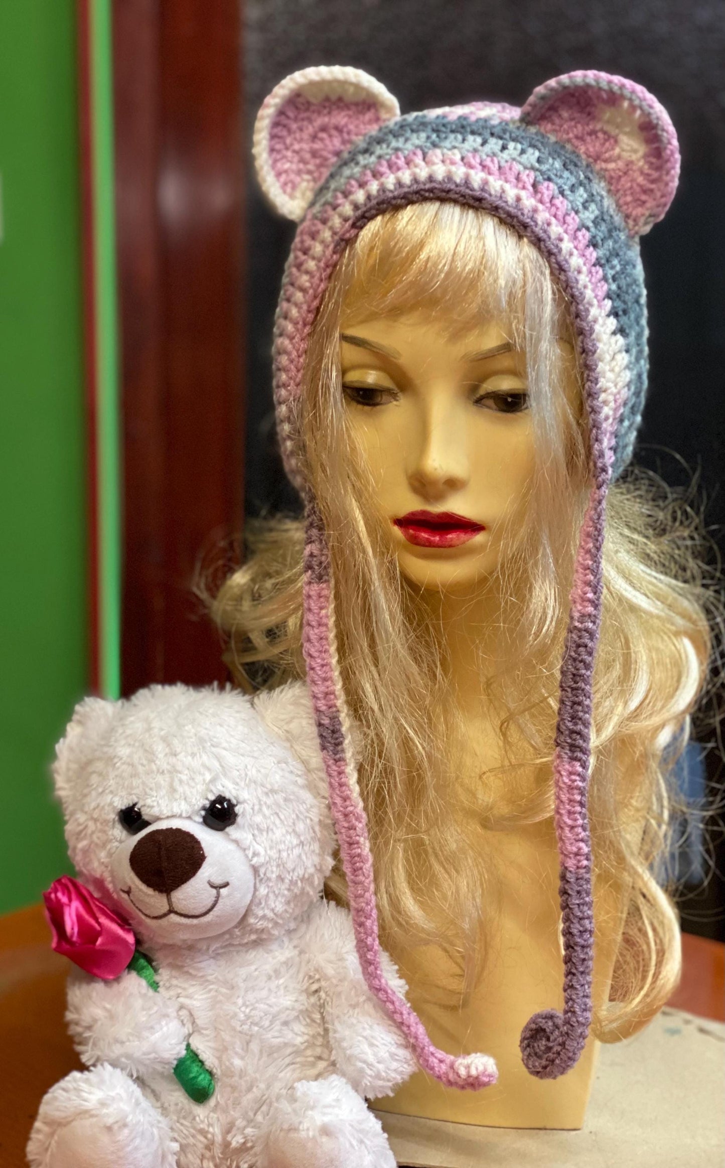 Handmade  Bear Ear Bonnet with Ties, Crochet Animal Ear Beanie, Gothic Aesthetic Winter Hat, Cute Bear Ear Hood with Tassels, Coquette