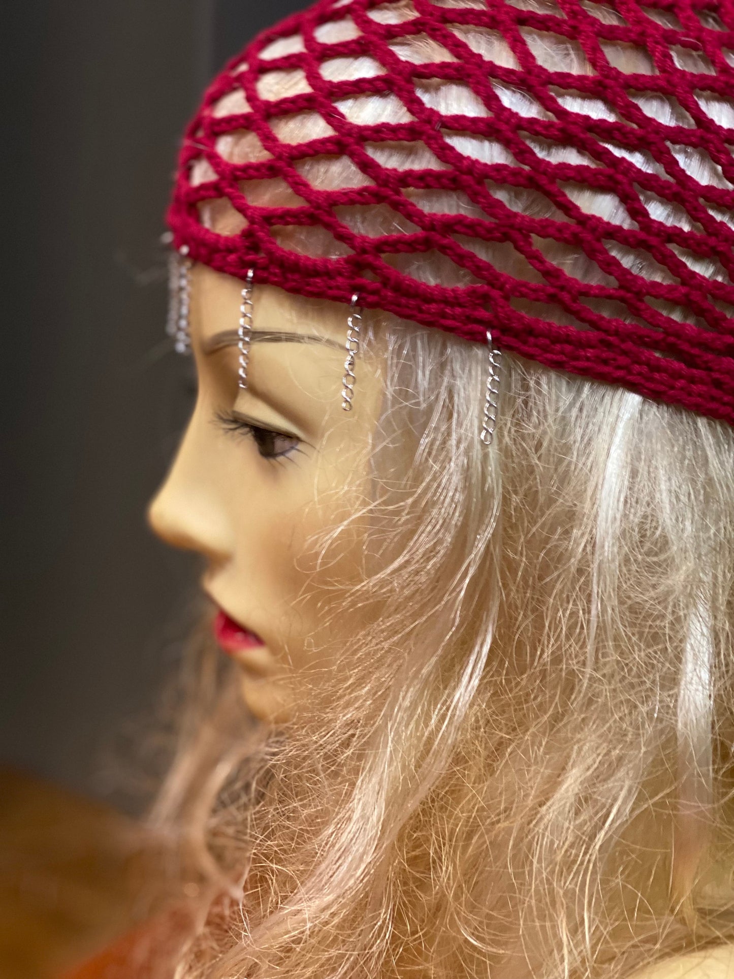 Crochet Mesh beanie, netted mesh beanie, crochet mesh hat, handmade mesh hat, handmade gift, red beanie, cap with chain bangs