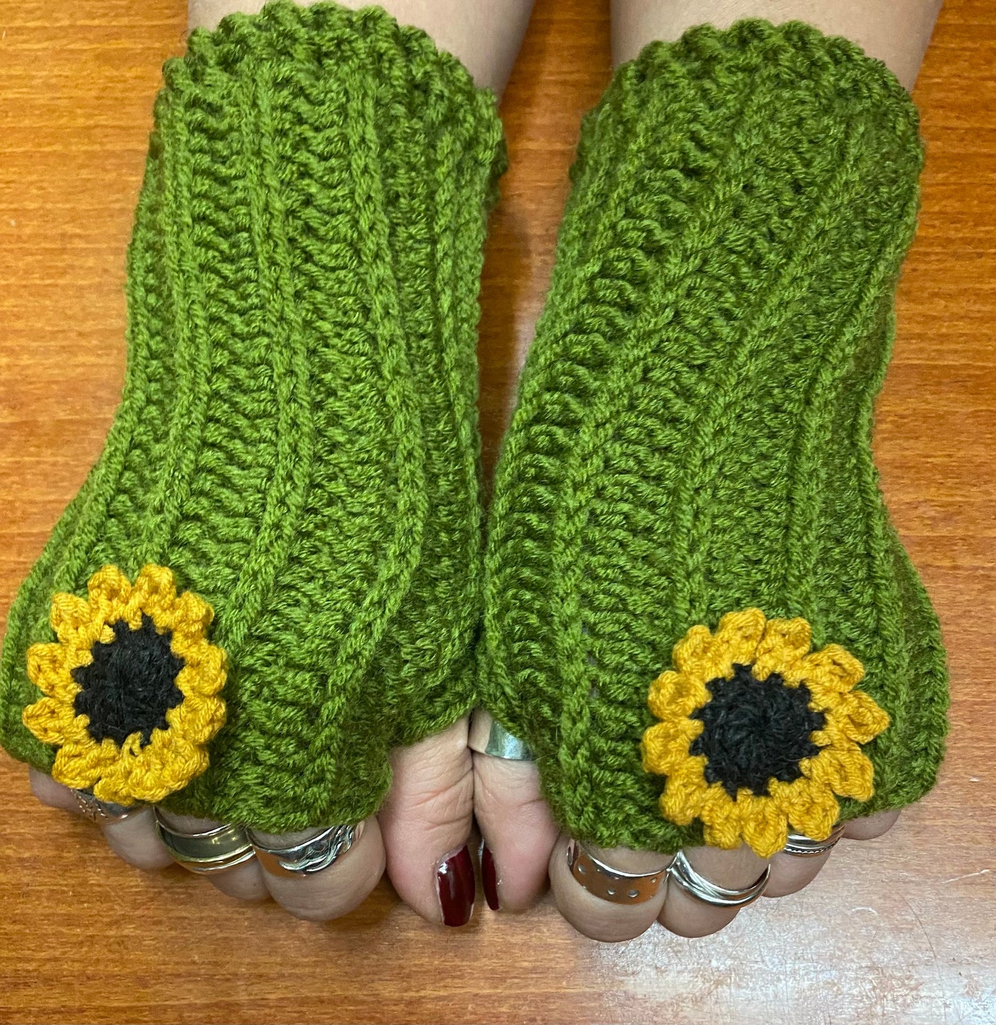 Crochet Sunflower Fingerless Gloves: Olive Green Handwarmers