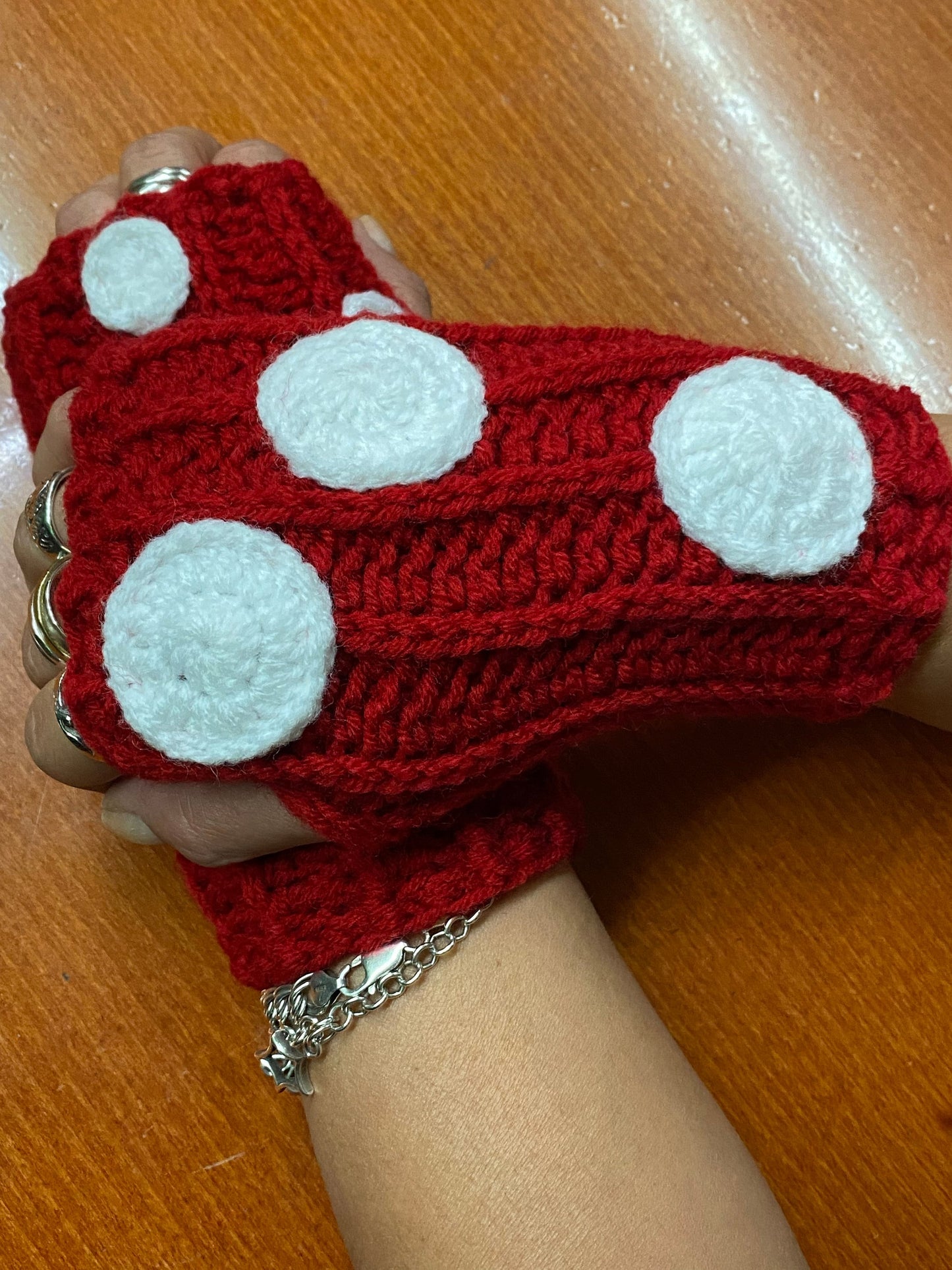Crochet Mushroom Fingerless Gloves: Wool Blend Hand Warmers