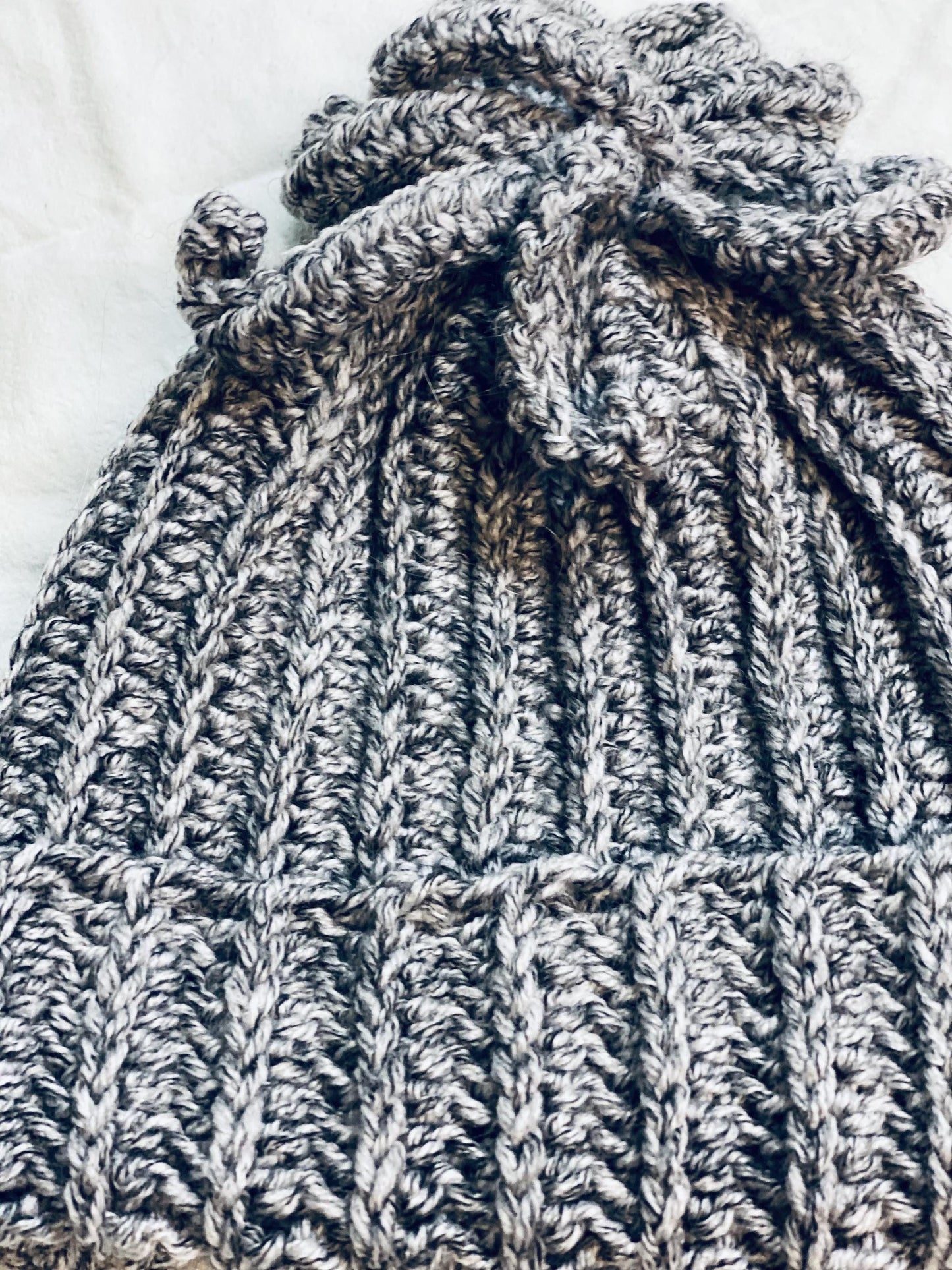 Grey Melange Spiral Crochet Beanie – Handmade Warm Winter Hat with Unique Twists, bobble hat