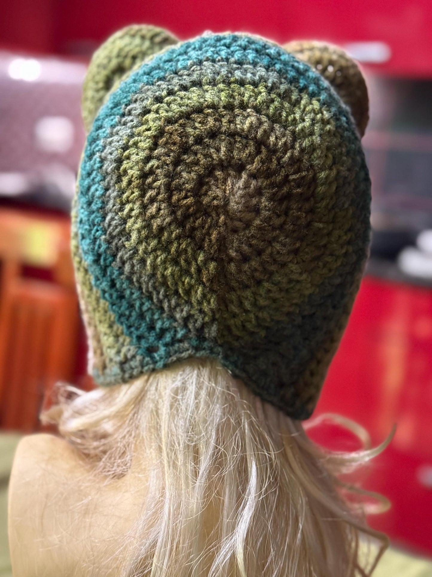 Crochet Bear Ear Bonnet with Ties, Sage Green Mossy Animal Hood, Forest Core Aesthetic Winter Hat, Handmade Bear Beanie with Pom Poms, Woodl