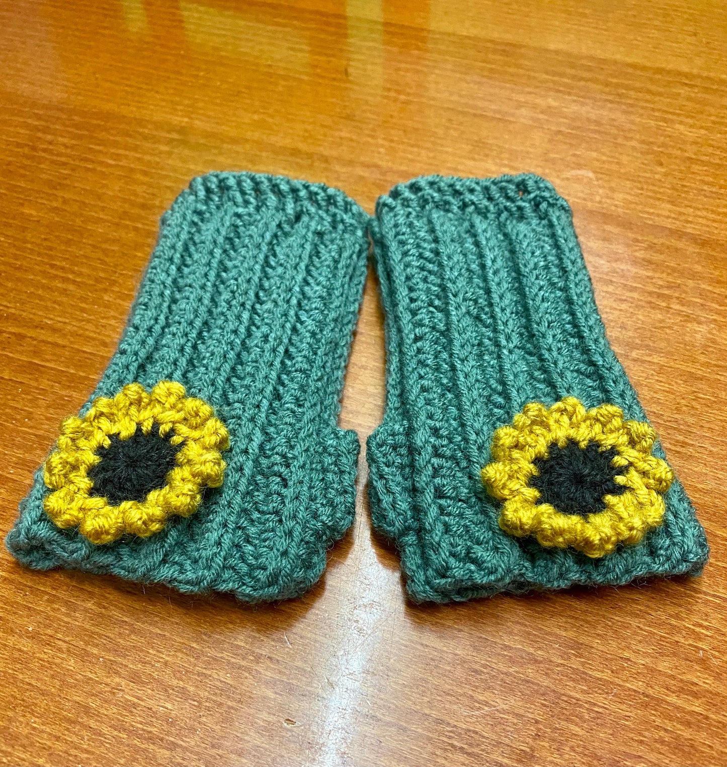 Crochet Sunflower Hand Warmers: Blue-Green Wool Blend Gloves