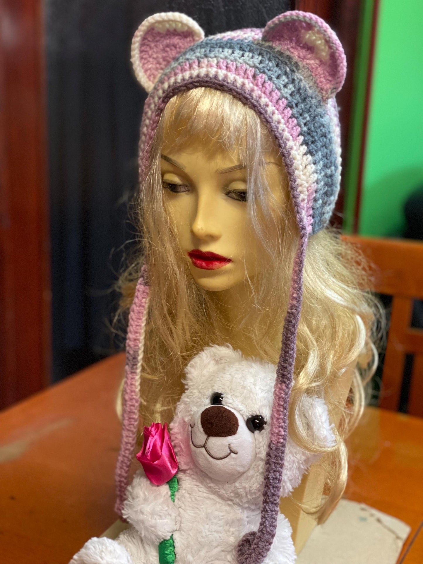 Handmade  Bear Ear Bonnet with Ties, Crochet Animal Ear Beanie, Gothic Aesthetic Winter Hat, Cute Bear Ear Hood with Tassels, Coquette