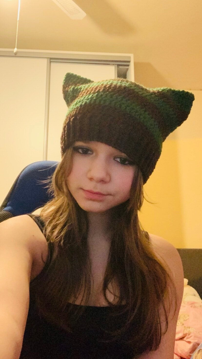 Handmade Crochet Cat Ear Beanie: Striped Wool-Acrylic Hat