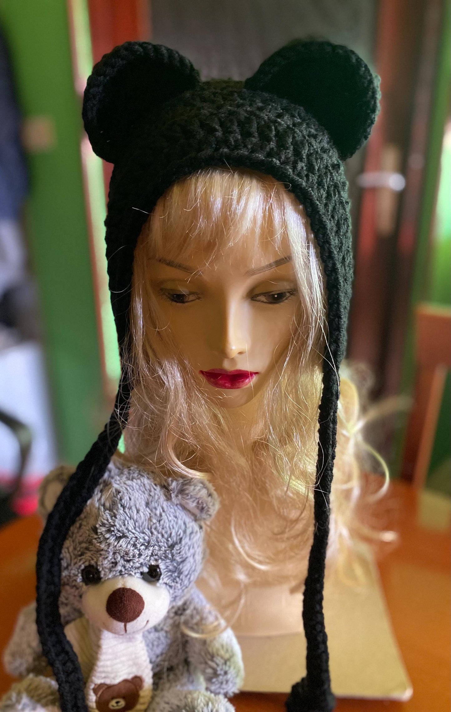 Handmade Black Bear Ear Bonnet with Ties, Crochet Animal Ear Beanie, Gothic Aesthetic Winter Hat, Cute Bear Ear Hood with Tassels, Coquette