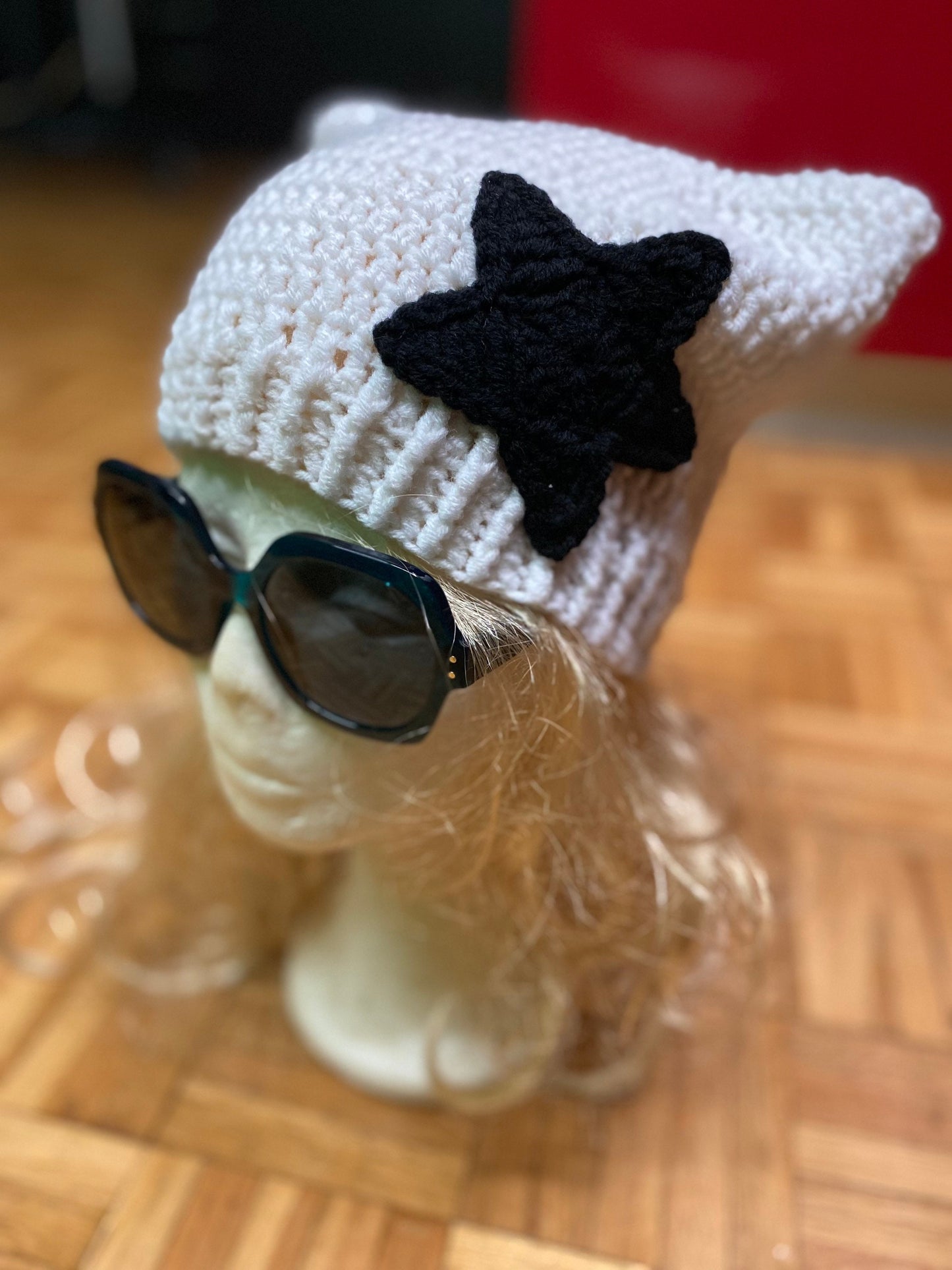 Custom Color Crochet Cat Ear Beanie with Star - Handmade Wool Blend