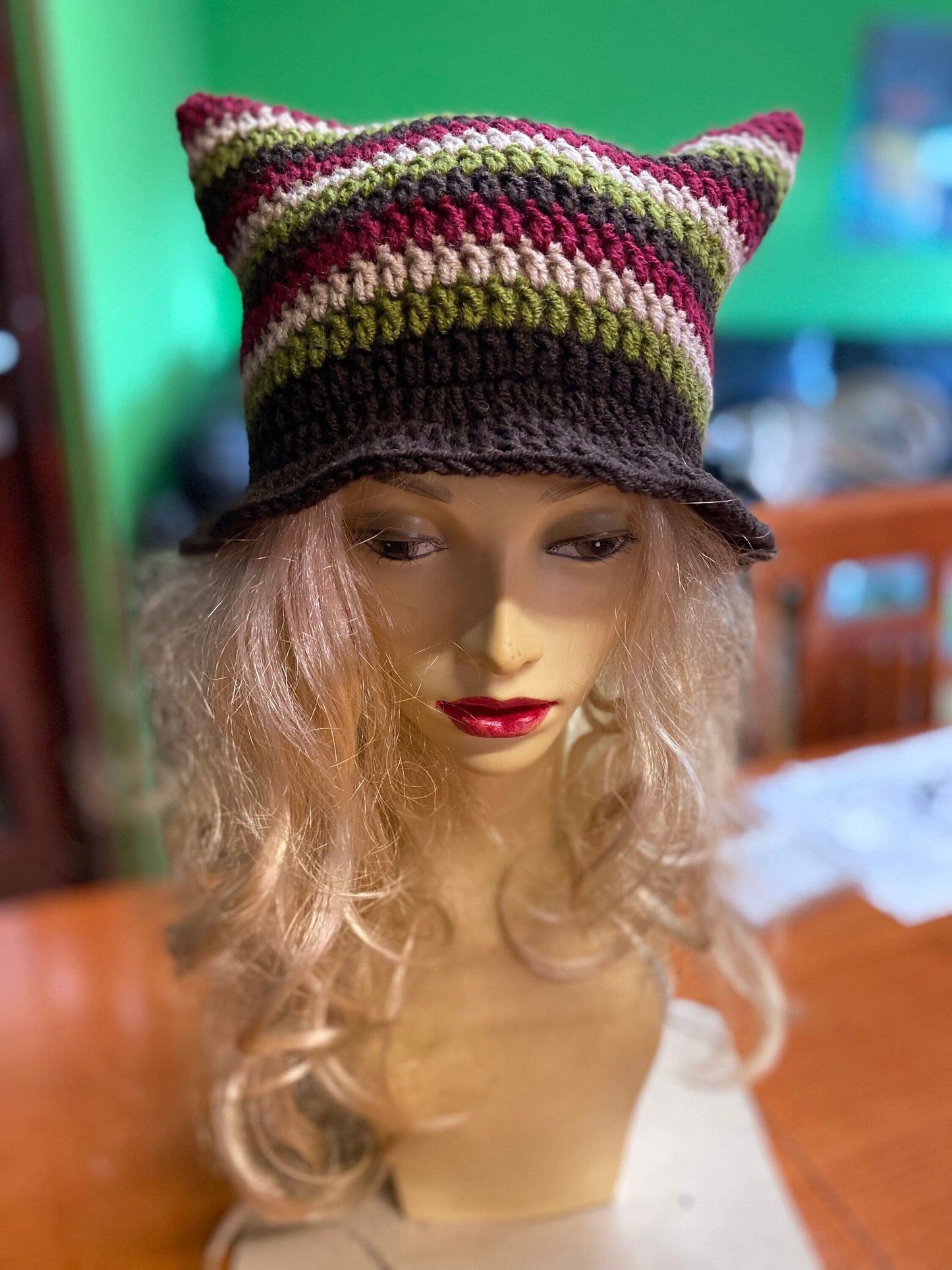 Crochet Cat Ears Bucket hat, striped earthy tones hat, striped winter bonnet, handmade striped kitty hat, grunge style hat, cat ears hat