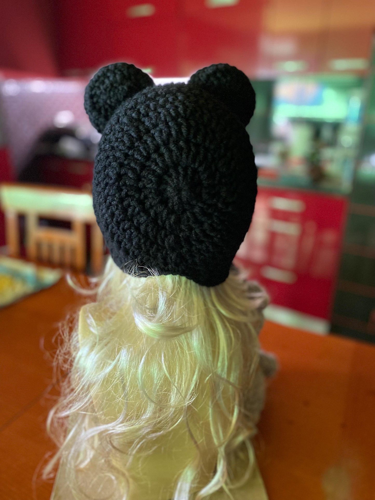 Handmade Black Bear Ear Bonnet with Ties, Crochet Animal Ear Beanie, Gothic Aesthetic Winter Hat, Cute Bear Ear Hood with Tassels, Coquette