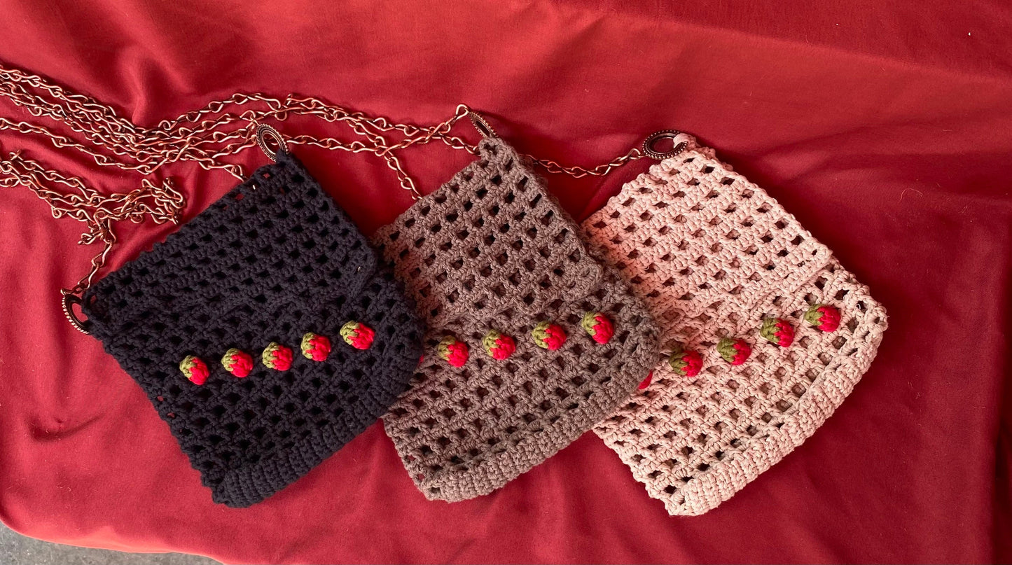 Crochet Strawberry Bag: Cotton Net Bag with Rose Gold Chain