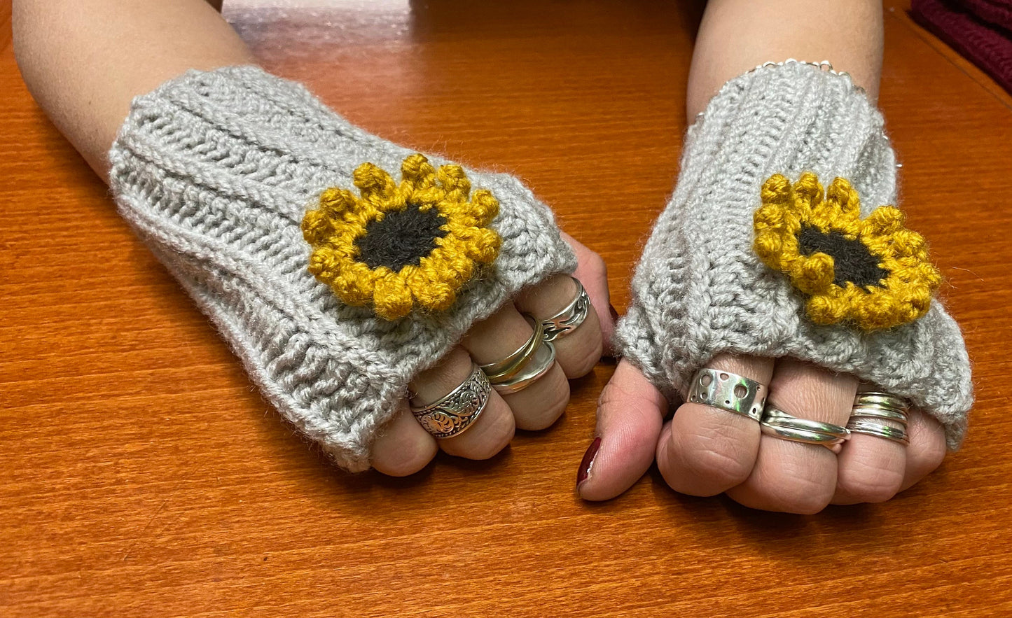 Crochet Sunflower Fingerless Gloves: Beige Wool Blend Hand Warmers