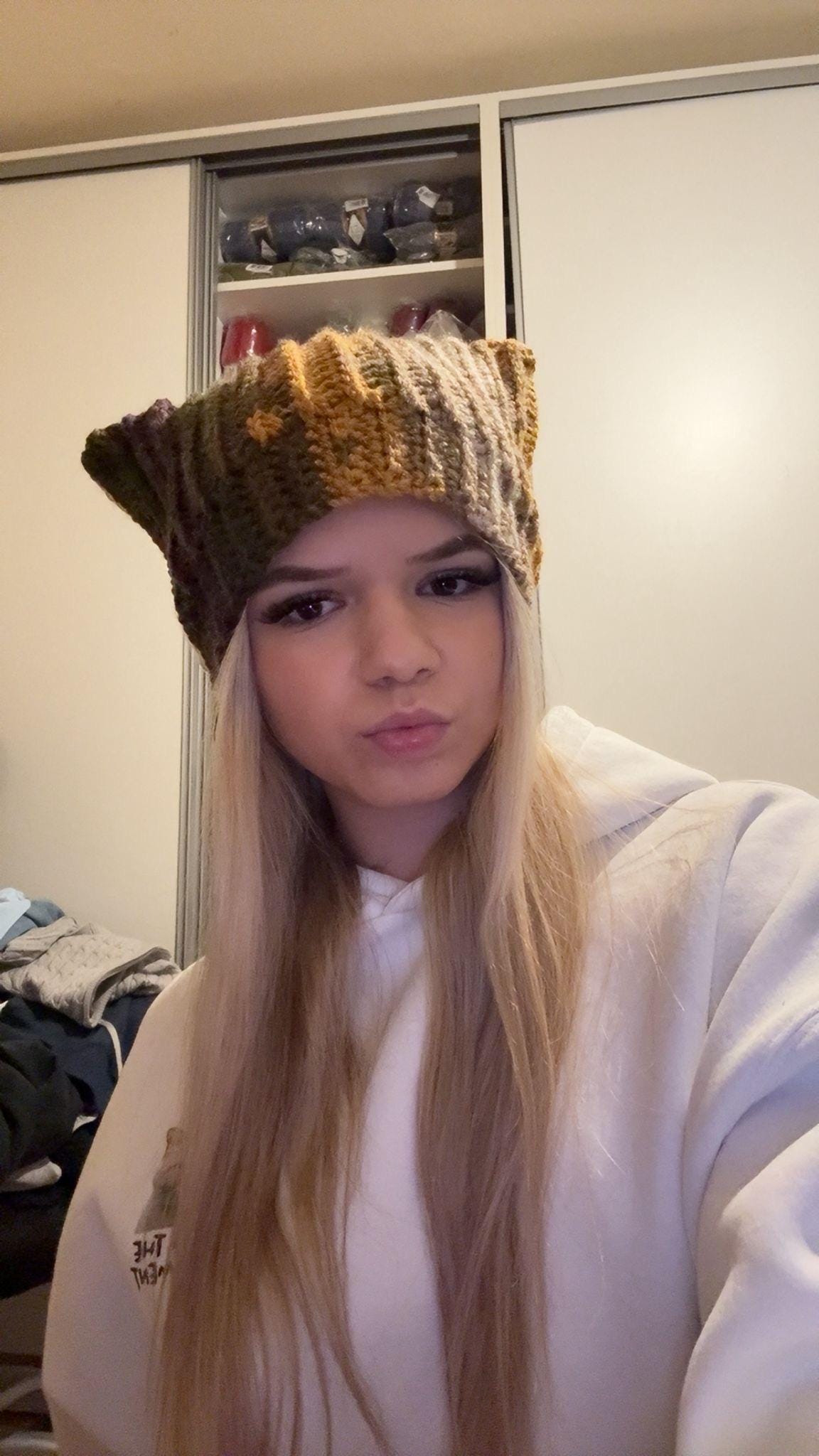 Crochet cat ear beanie, ombre striped square hat, y2k aesthetic winter cap, handmade aesthetic grunge hat, gray and white striped kitty hat