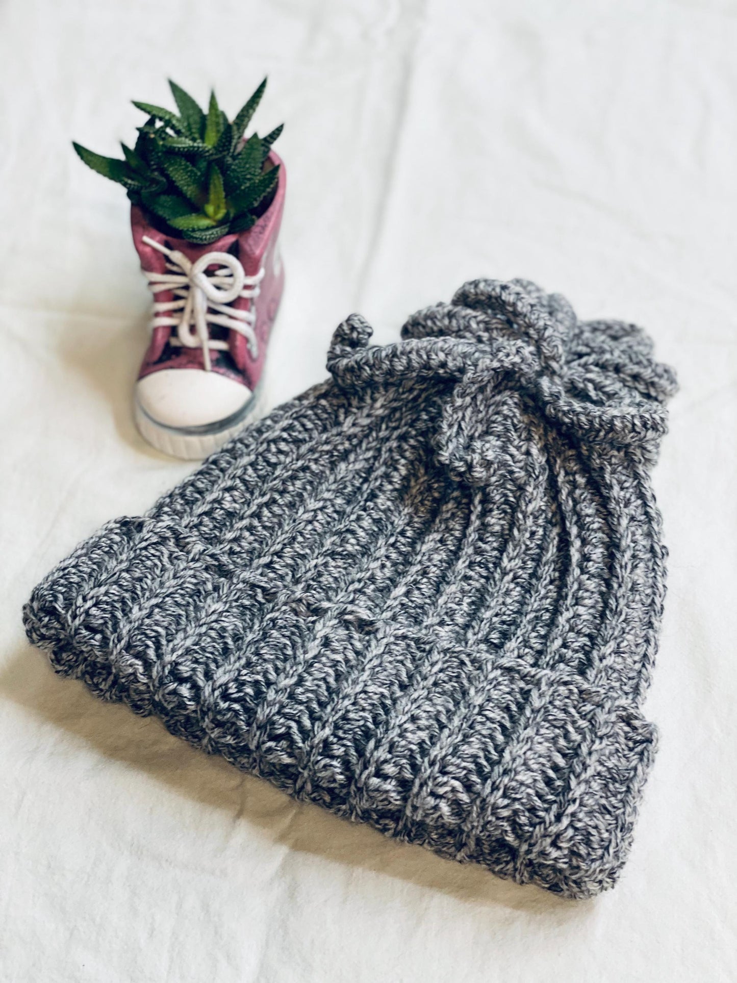 Grey Melange Spiral Crochet Beanie – Handmade Warm Winter Hat with Unique Twists, bobble hat