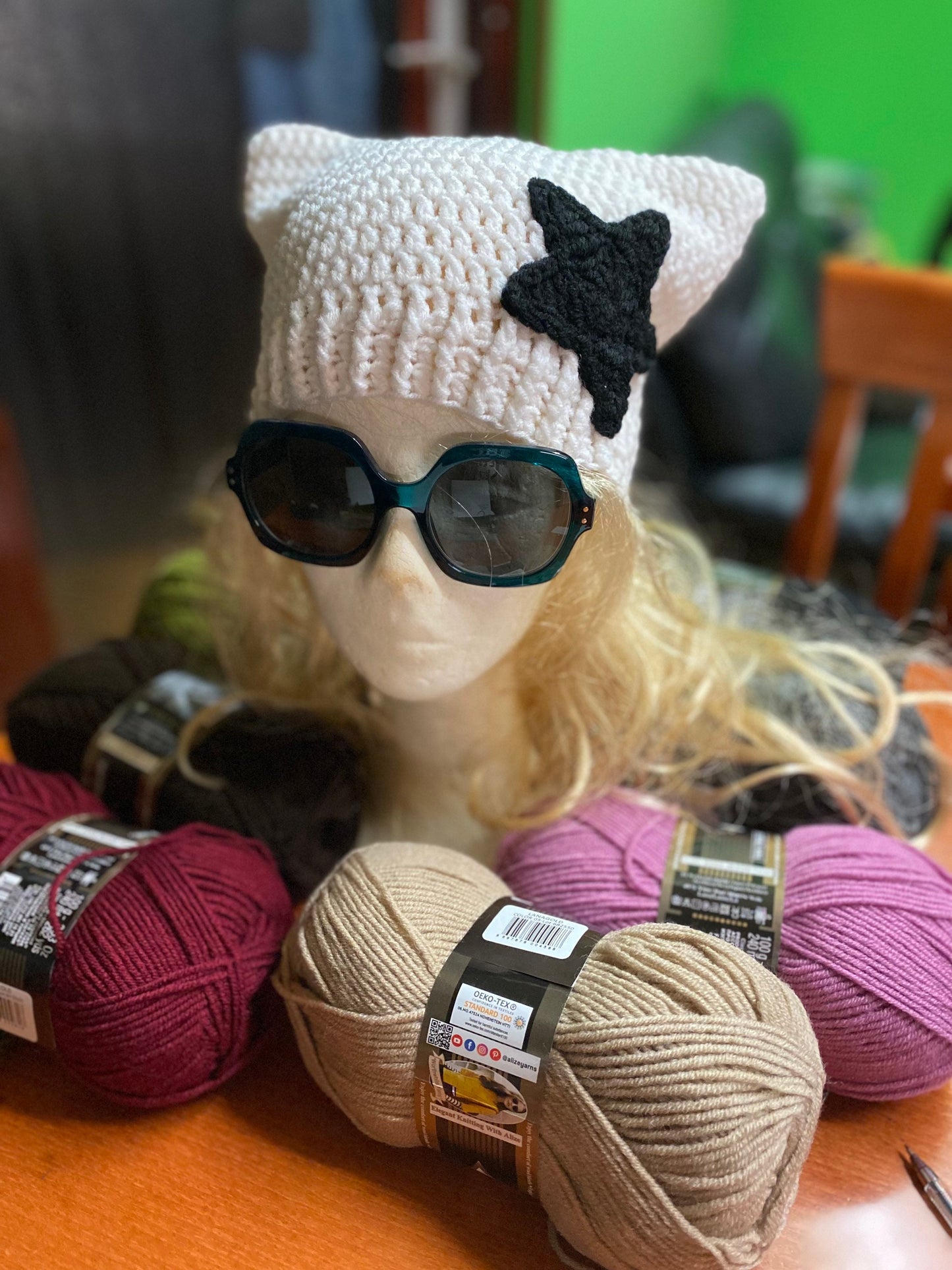 Custom Color Crochet Cat Ear Beanie with Star - Handmade Wool Blend
