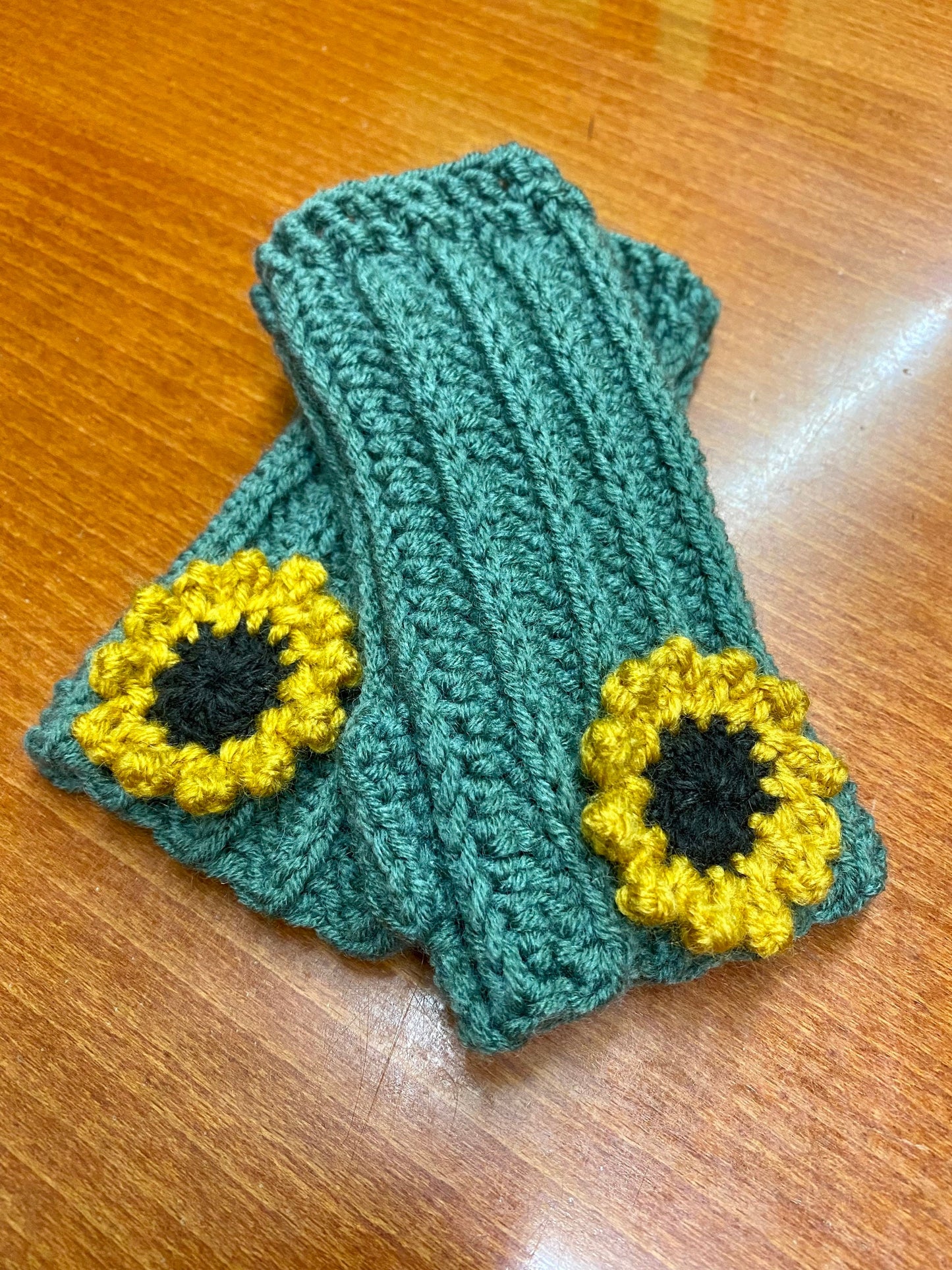 Crochet Sunflower Hand Warmers: Blue-Green Wool Blend Gloves