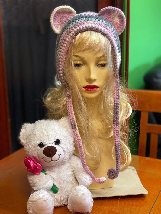 Handmade  Bear Ear Bonnet with Ties, Crochet Animal Ear Beanie, Gothic Aesthetic Winter Hat, Cute Bear Ear Hood with Tassels, Coquette