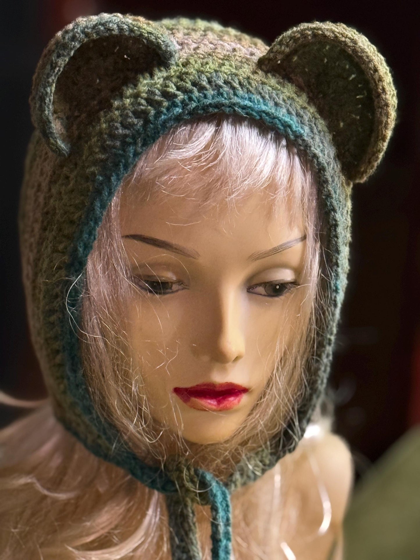 Crochet Bear Ear Bonnet with Ties, Sage Green Mossy Animal Hood, Forest Core Aesthetic Winter Hat, Handmade Bear Beanie with Pom Poms, Woodl