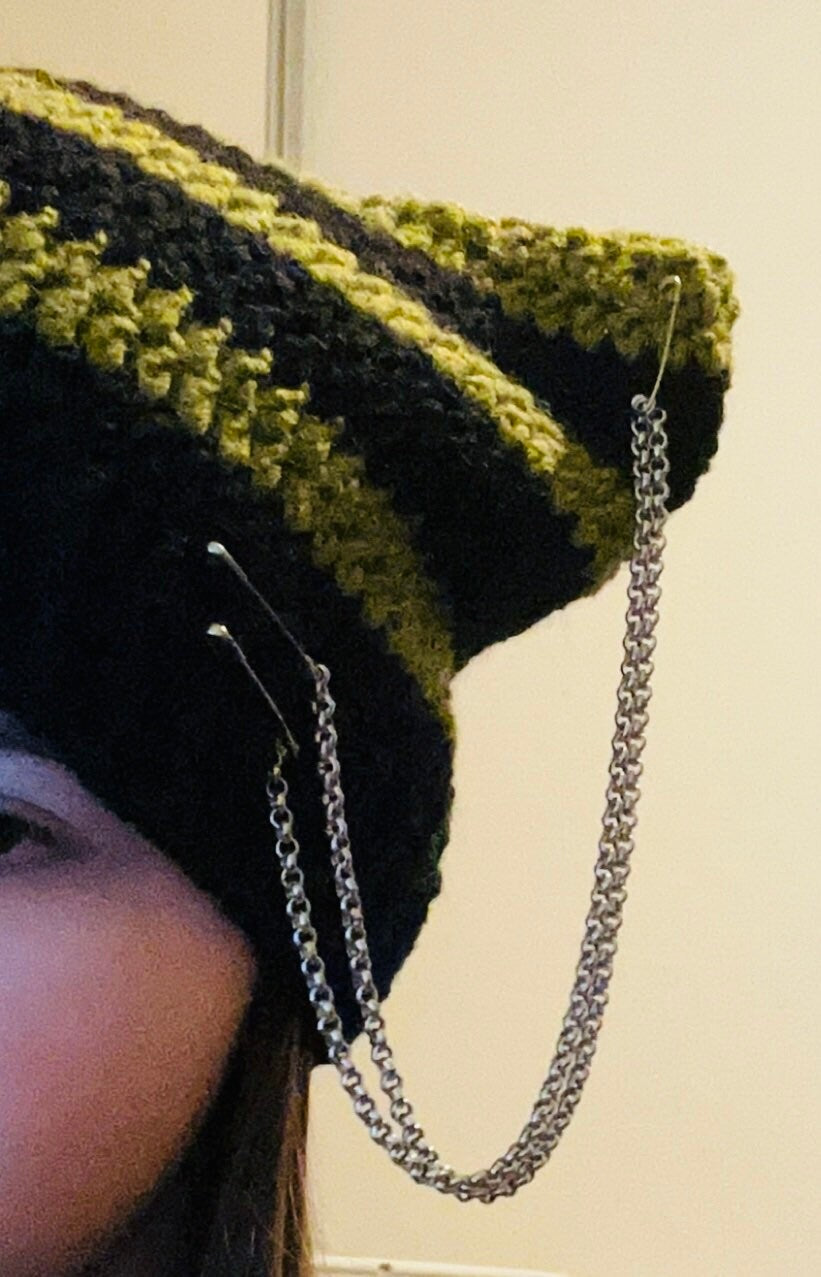 Cat chain beanie, custom Cat beanie, crochet cat ear pins beanie, cat hat, cat ears beanie with chain, star and cross, handmade gift
