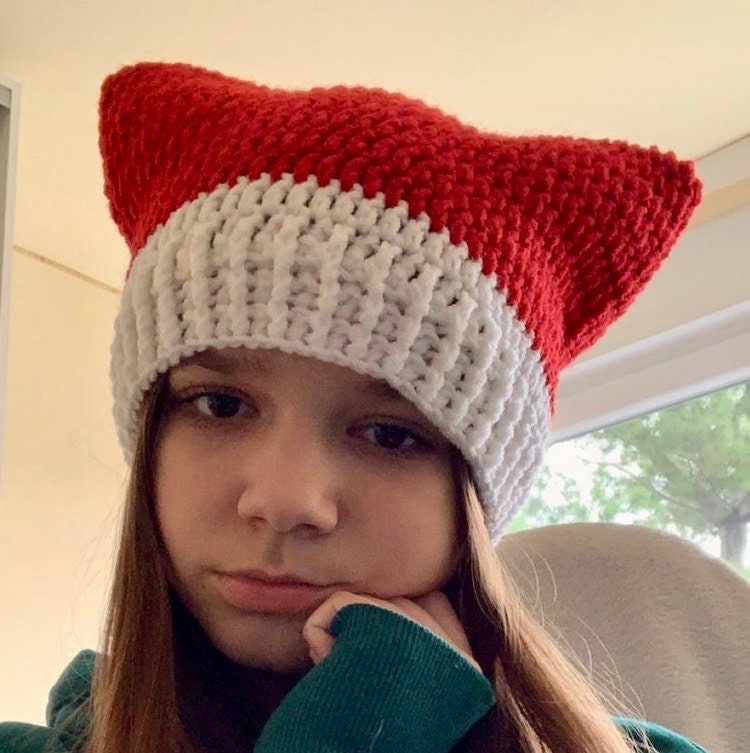 Handmade Striped Crochet Cat Ear Beanie: Wool Blend