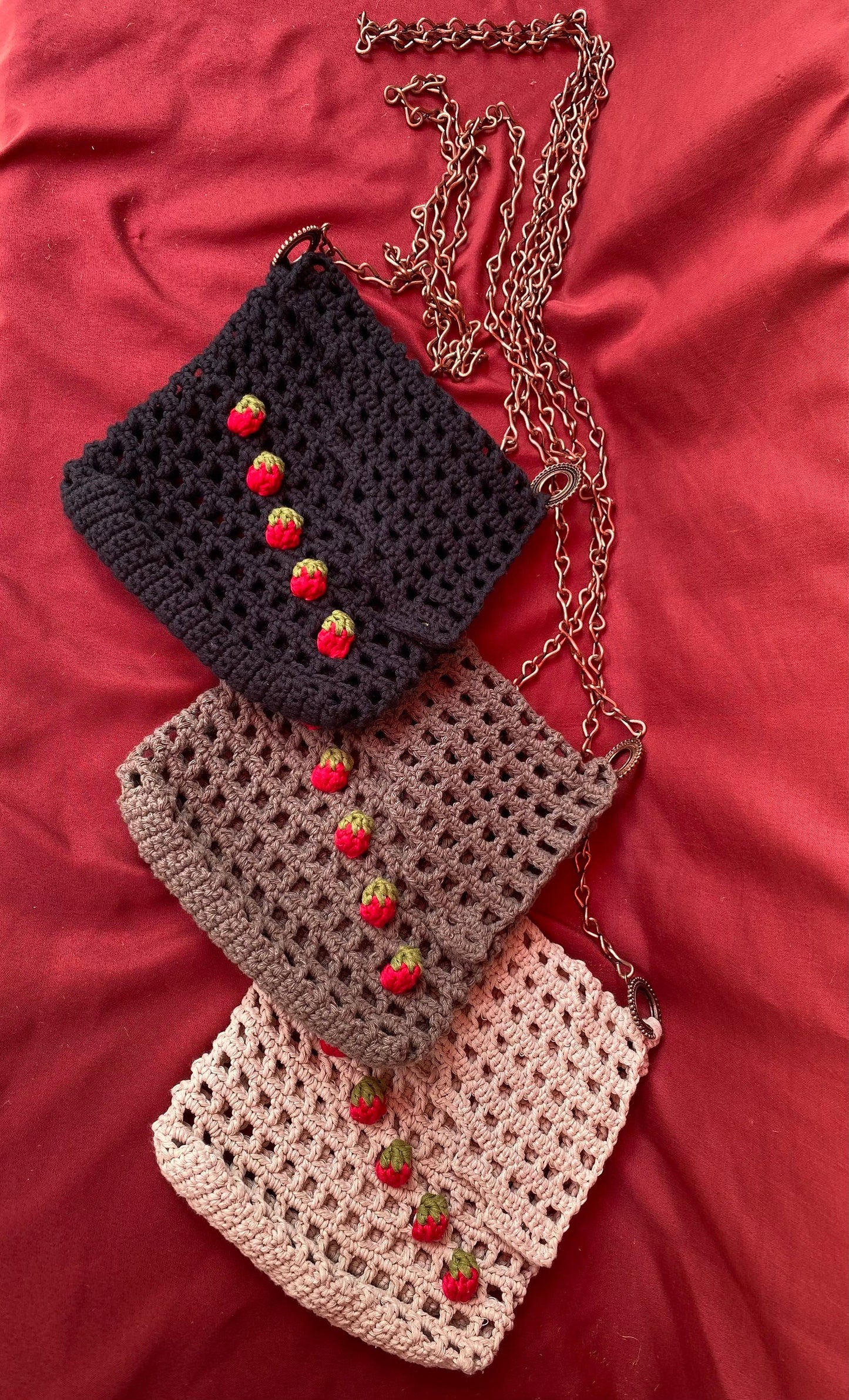 Crochet Strawberry Bag: Cotton Net Bag with Rose Gold Chain