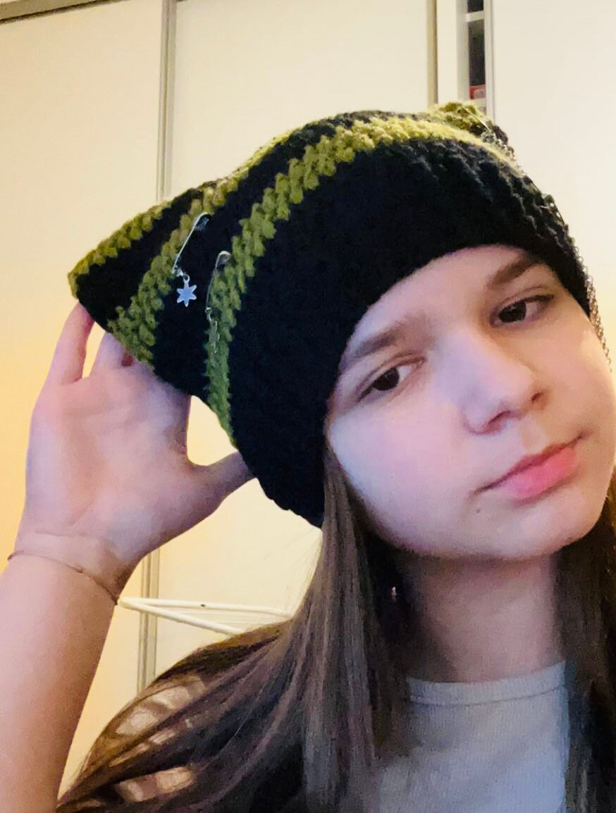 Cat chain beanie, custom Cat beanie, crochet cat ear pins beanie, cat hat, cat ears beanie with chain, star and cross, handmade gift
