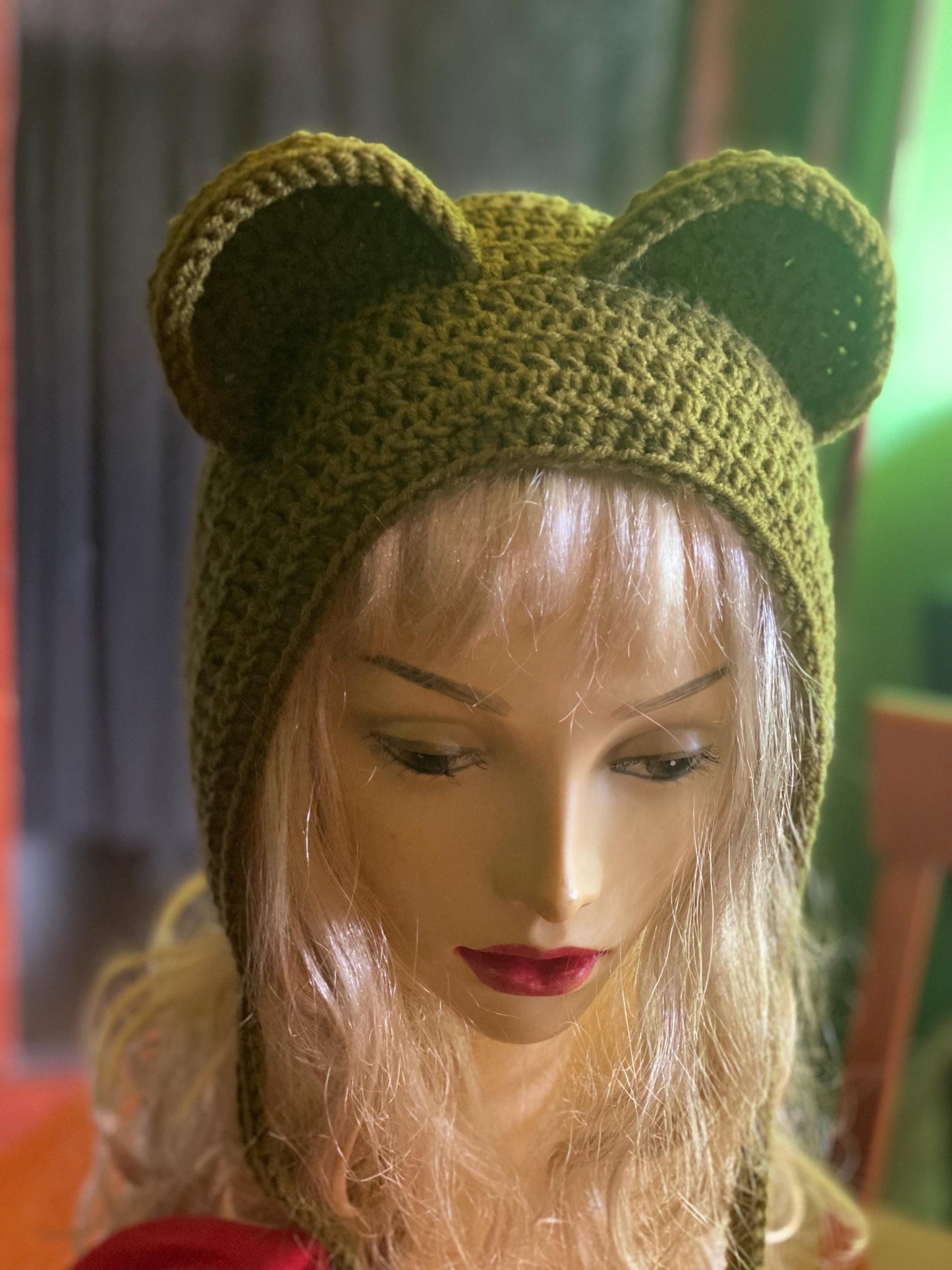 Handmade Bear Ear Bonnet with Ties, Crochet Animal Ear Beanie, Gothic Aesthetic Winter Hat, Cute Bear Ear Hood with Tassels, Coquette