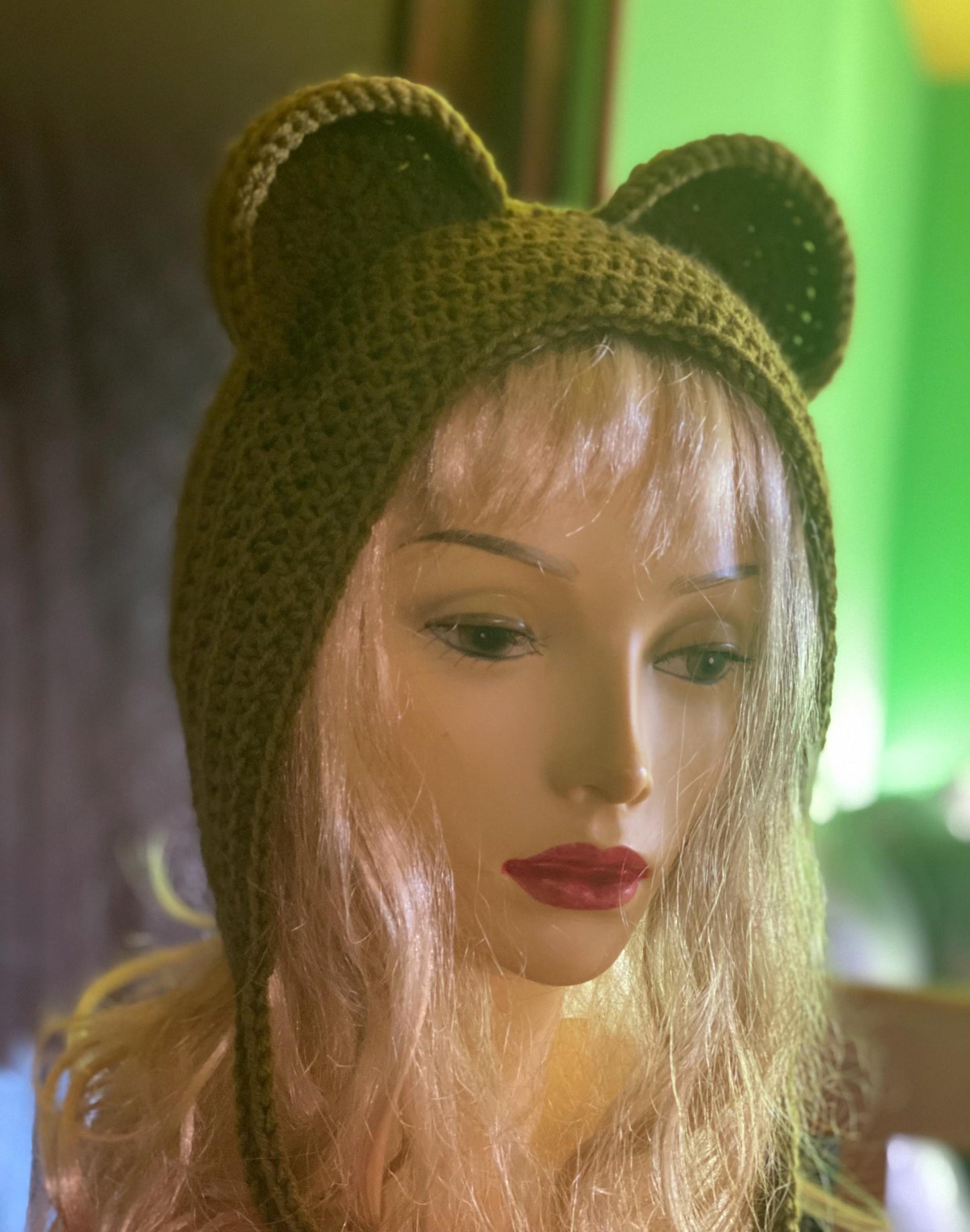 Handmade Bear Ear Bonnet with Ties, Crochet Animal Ear Beanie, Gothic Aesthetic Winter Hat, Cute Bear Ear Hood with Tassels, Coquette