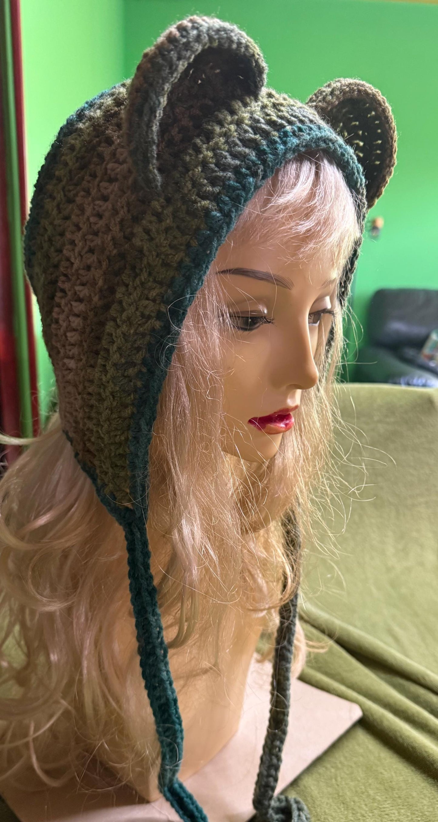 Crochet Bear Ear Bonnet with Ties, Sage Green Mossy Animal Hood, Forest Core Aesthetic Winter Hat, Handmade Bear Beanie with Pom Poms, Woodl