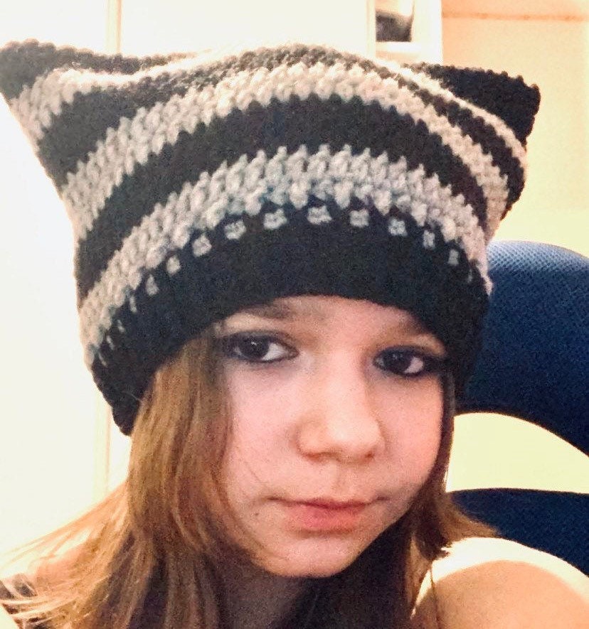 Striped Crochet Cat Ear Beanie: Handmade Wool-Blend Hat