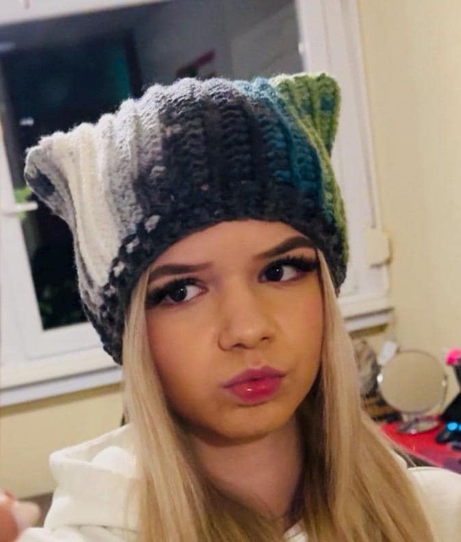 Crochet cat ear beanie, ombre striped square hat, y2k aesthetic winter cap, handmade aesthetic grunge hat, gray and white striped kitty hat
