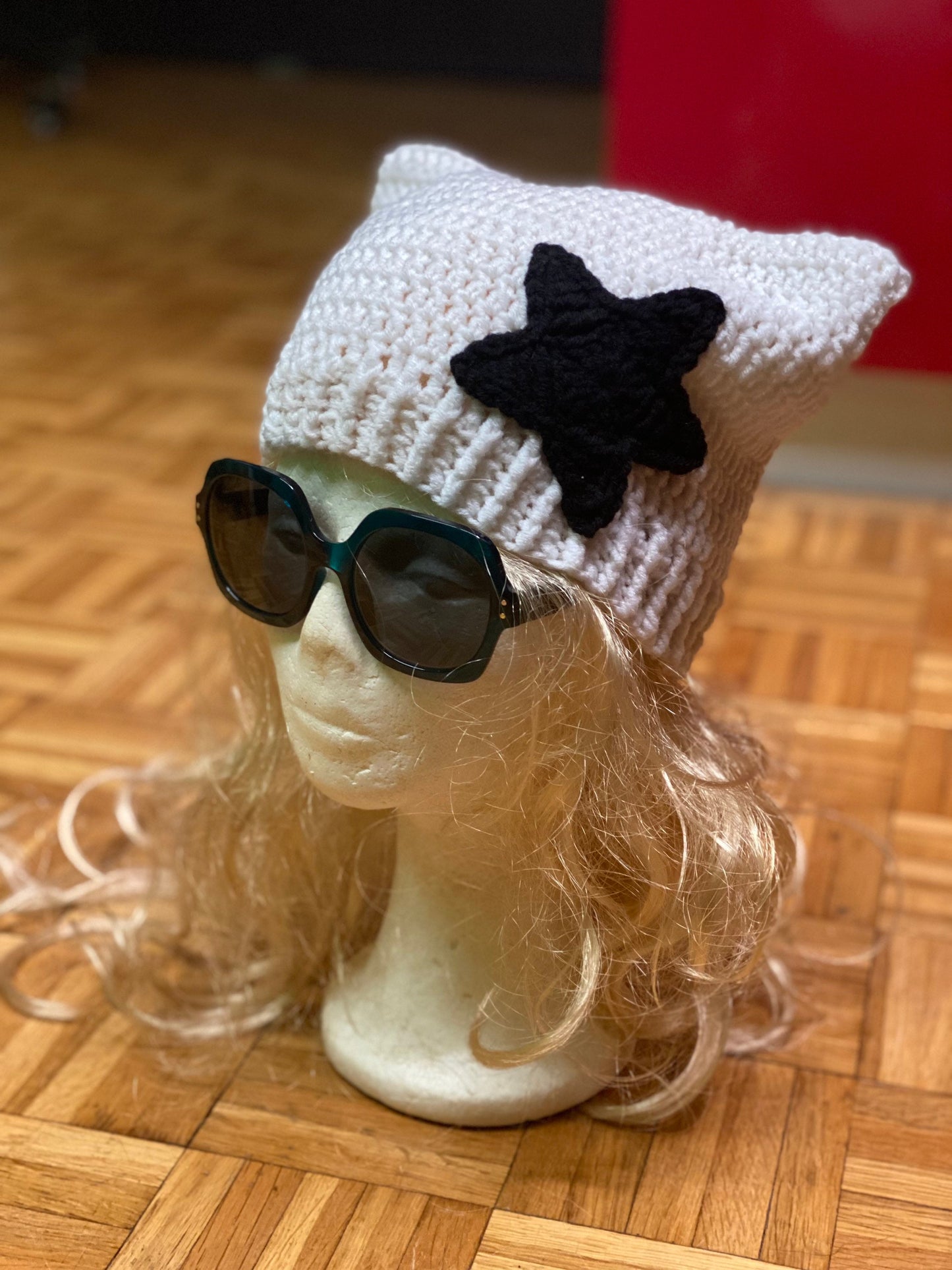 Custom Color Crochet Cat Ear Beanie with Star - Handmade Wool Blend