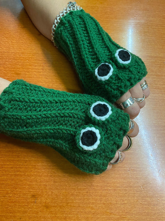 Crochet Frog Fingerless Gloves: Handmade Wool Blend Hand Warmers