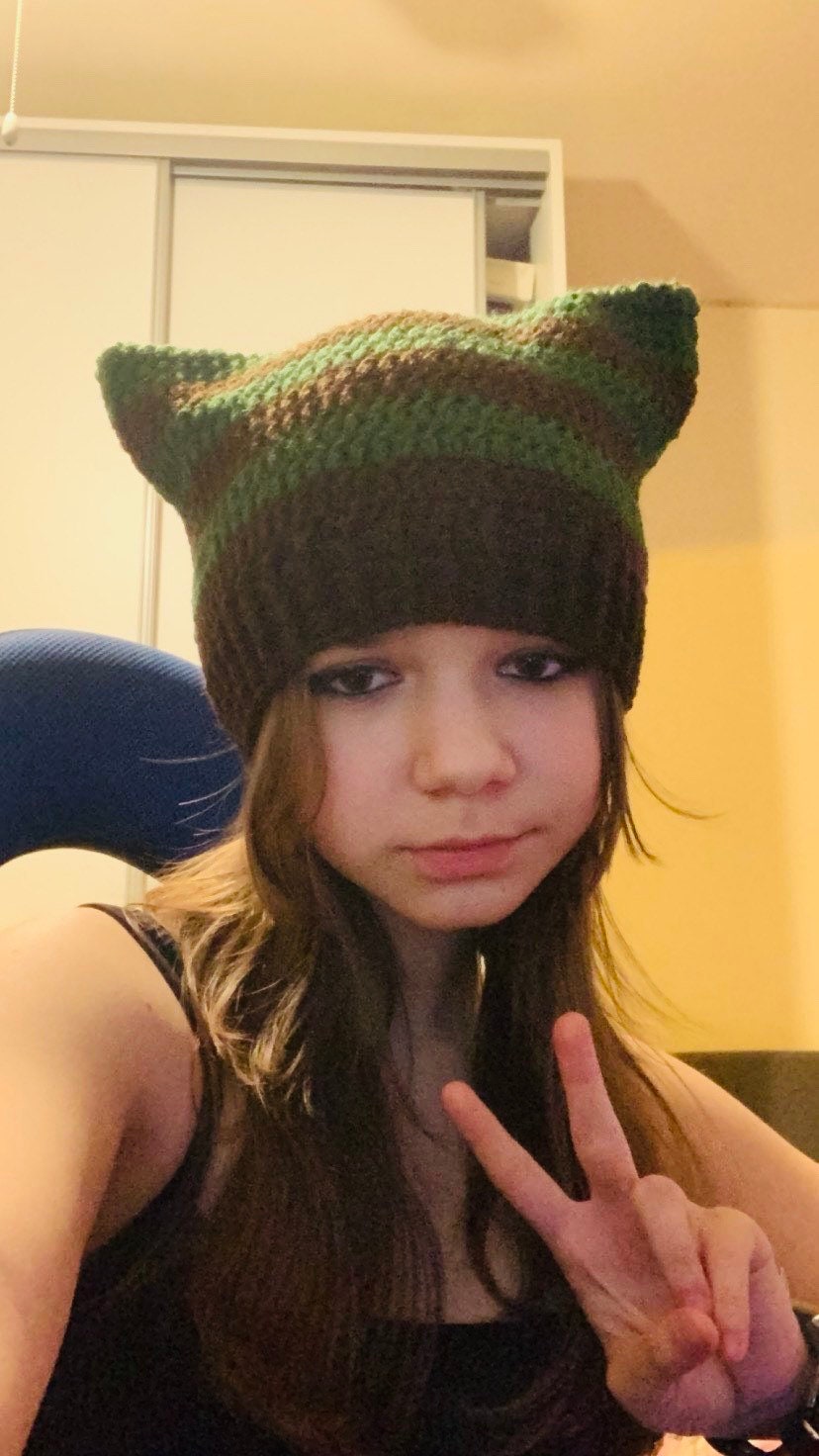 Handmade Crochet Cat Ear Beanie: Striped Wool-Acrylic Hat
