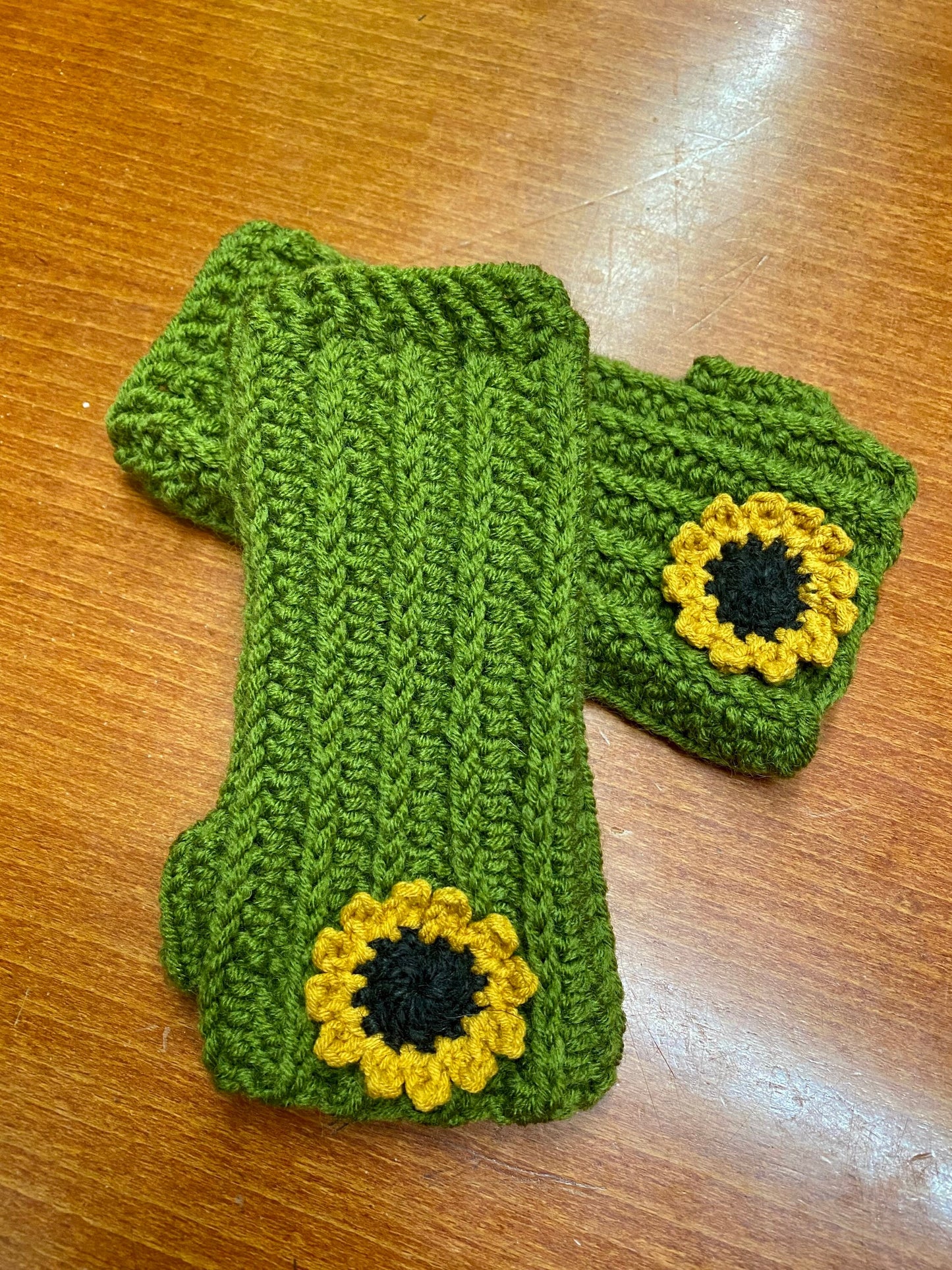 Crochet Sunflower Fingerless Gloves: Olive Green Handwarmers