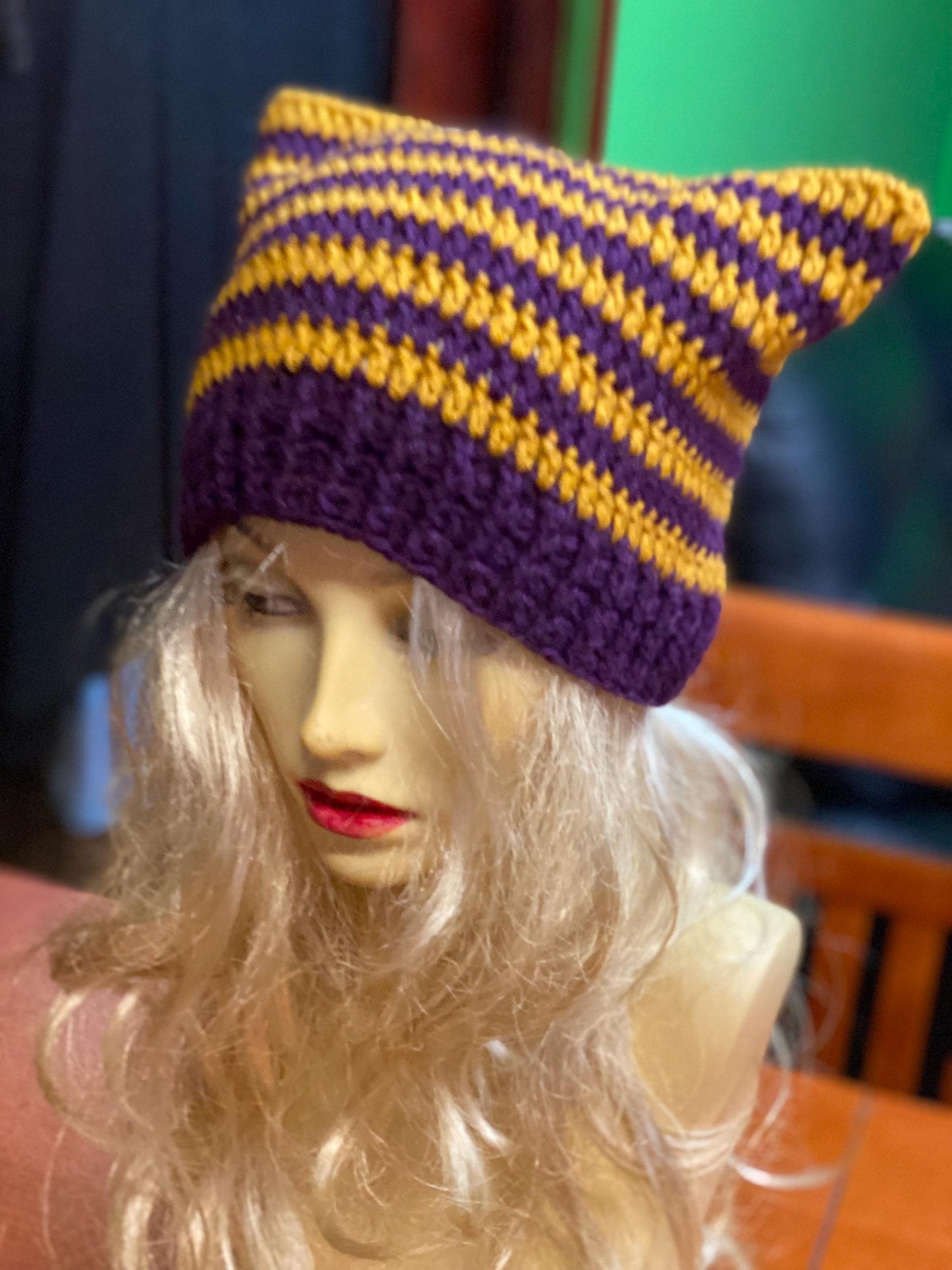Crocheted Cat Ear Beanie: Plum & Yellow Striped Wool Blend