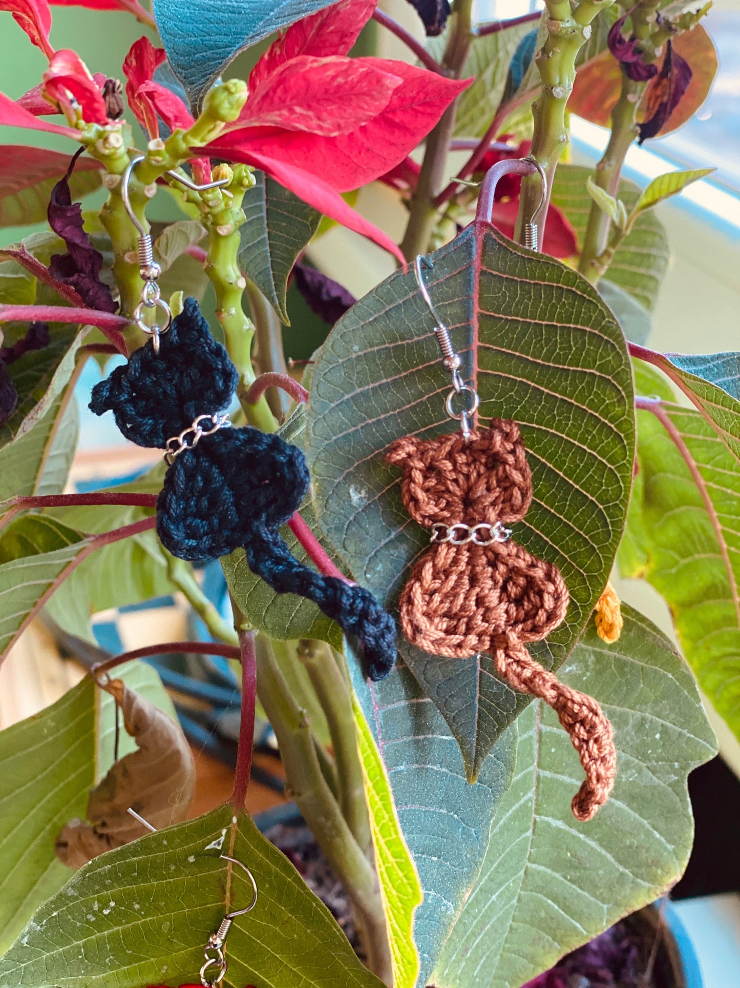 Crochet Cat Earrings: Handmade Cotton Yarn, Stainless Steel